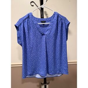 Ann Taylor Factory Petite Blue Print V-Neck Cap Sleeve Blouse Top MP Medium P